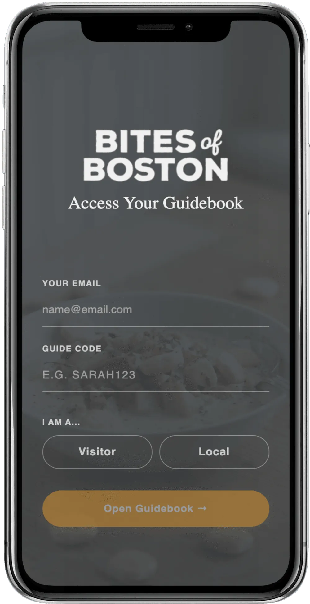 Email capture screen for tour guest registration