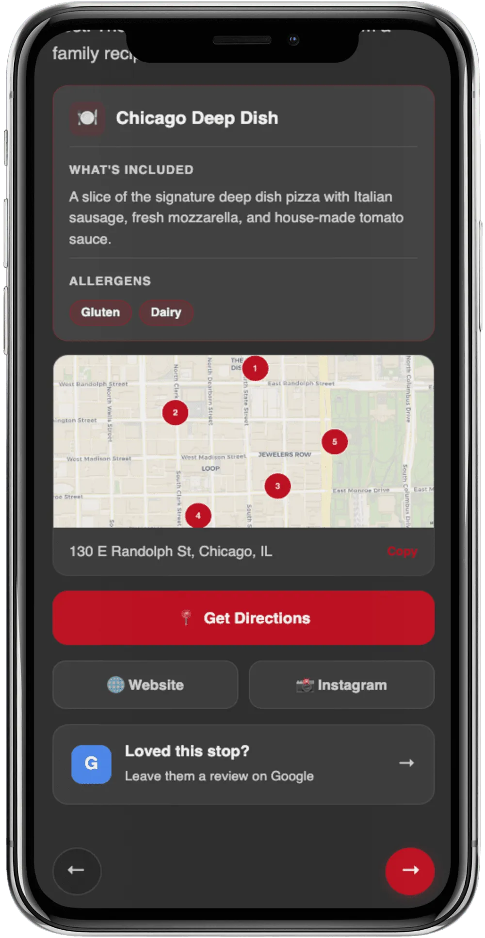 Food tour stop with built-in allergy labels and dietary flags