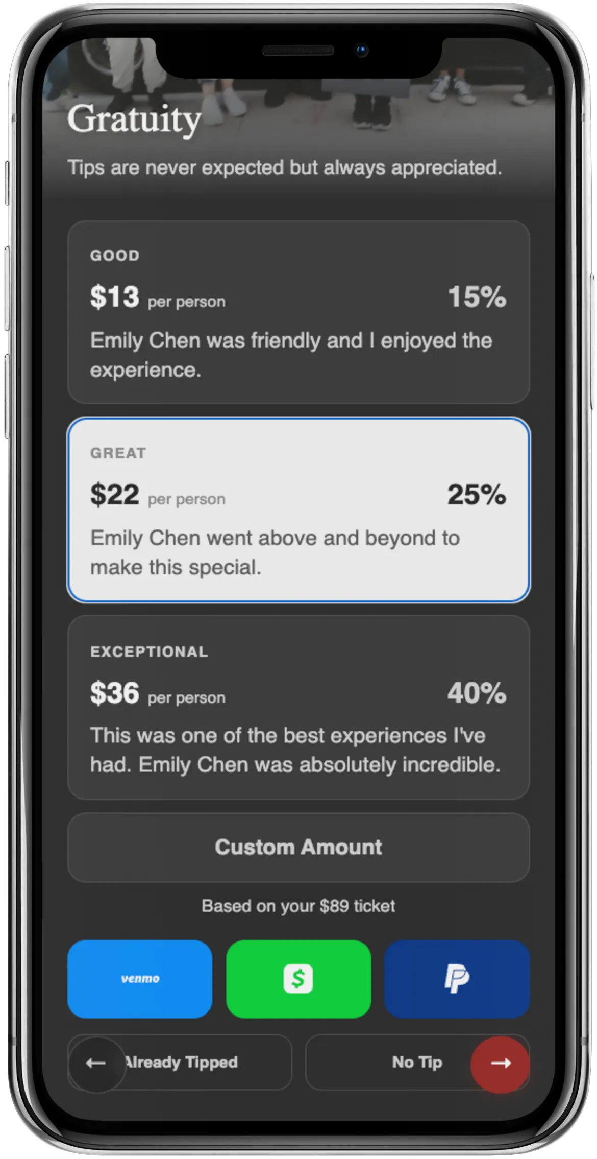 Tour guide tipping screen with Venmo and Cash App