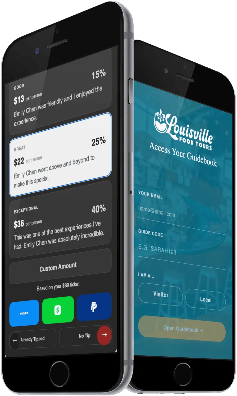 Guidebook analytics and engagement screens on two phones