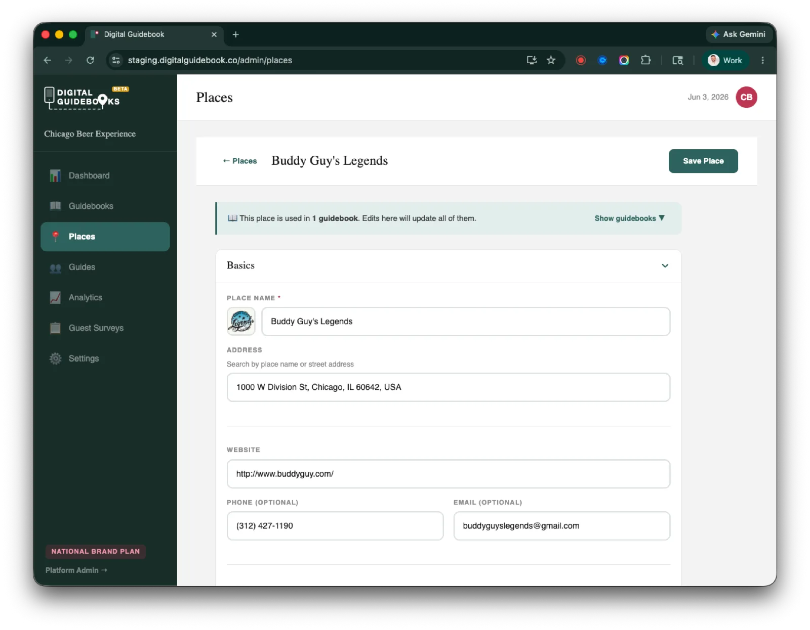 The new place editor opened to the Basics section