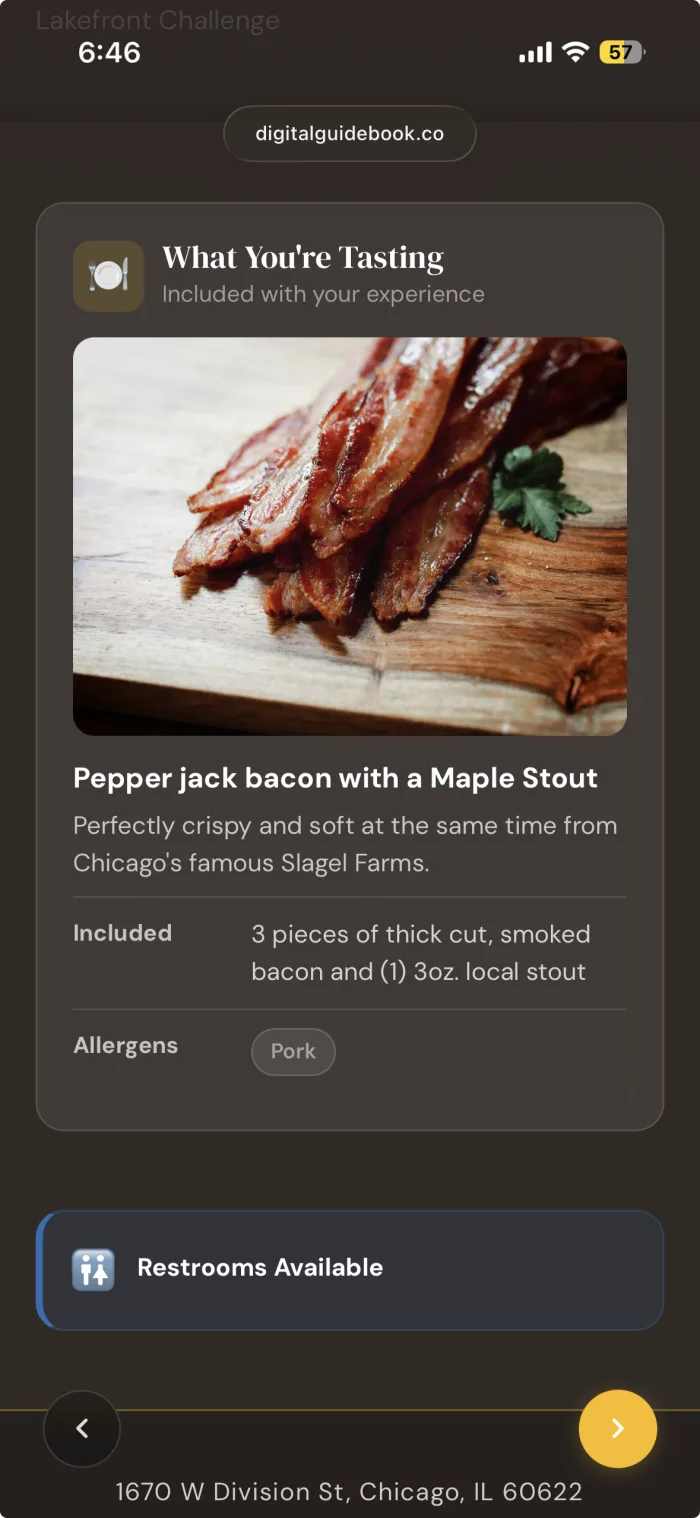 A Digital Guidebooks food tour stop on a phone, showing the What You're Tasting card with a pepper jack bacon and Maple Stout pairing, what is included, and allergens