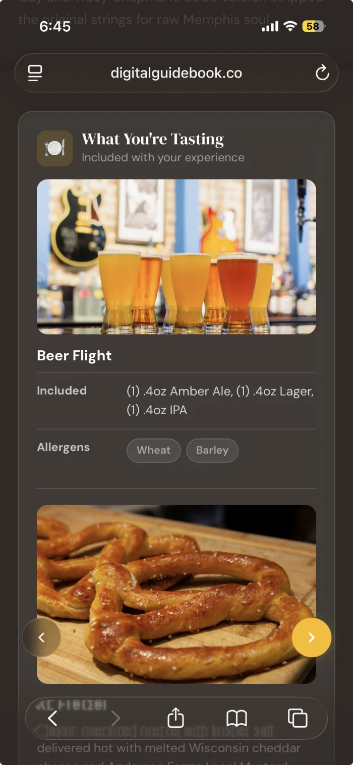 A food tour stop showing two tastings at once, a beer flight and warm pretzels, each with its own photo, on the guest guidebook