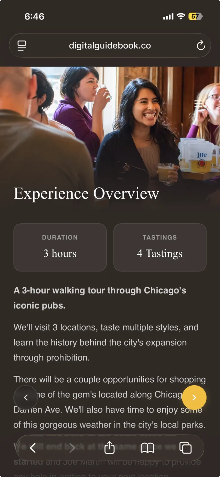 A food tour overview page showing a 3 hour duration and a count of 4 Tastings across the route